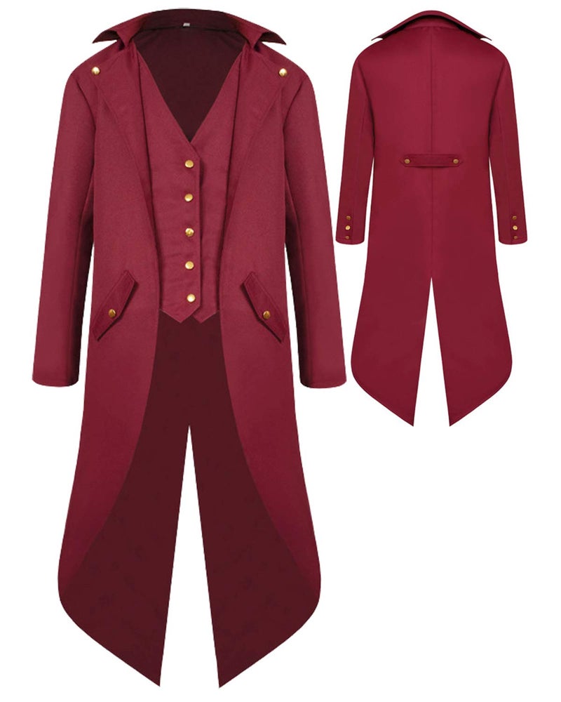 SIAEAMRG å•†å“å›¾ç‰‡ Renaissance Steampunk Tailcoat Halloween Costumes for Boys, Medieval Pirate Vampire Victorian Jacket Vintage Frock Coat Children Kids (Wine Red, L) - Image 3
